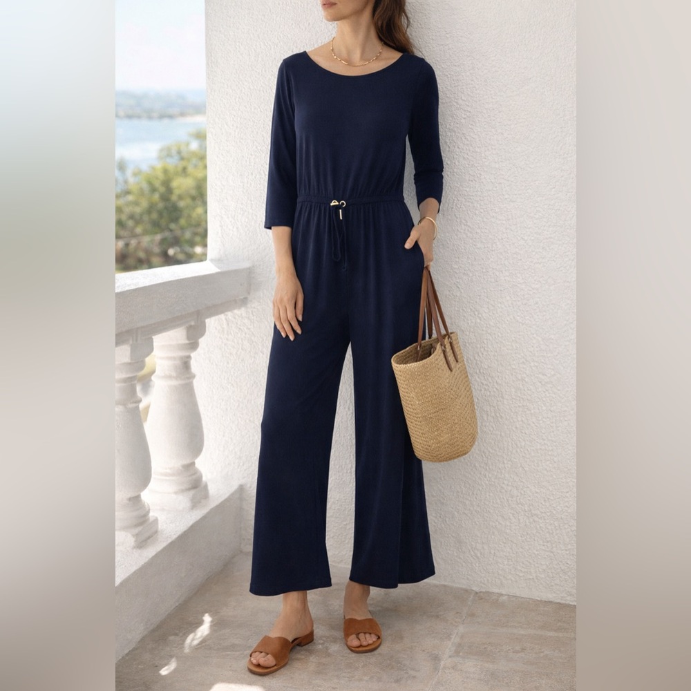 Chico’s Travelers Navy Jumpsuit Size 1 Stretch Knit 3/4 Sleeve Travel Minimalist